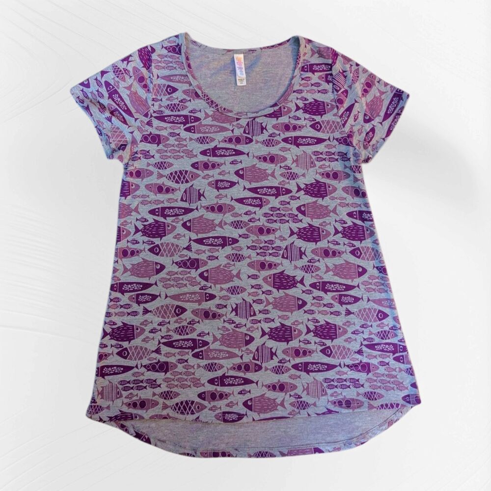 LuLaRoe Women's Purple/Gray Fish Print Scoop Neck Short Sleeve T-Shirt XXS